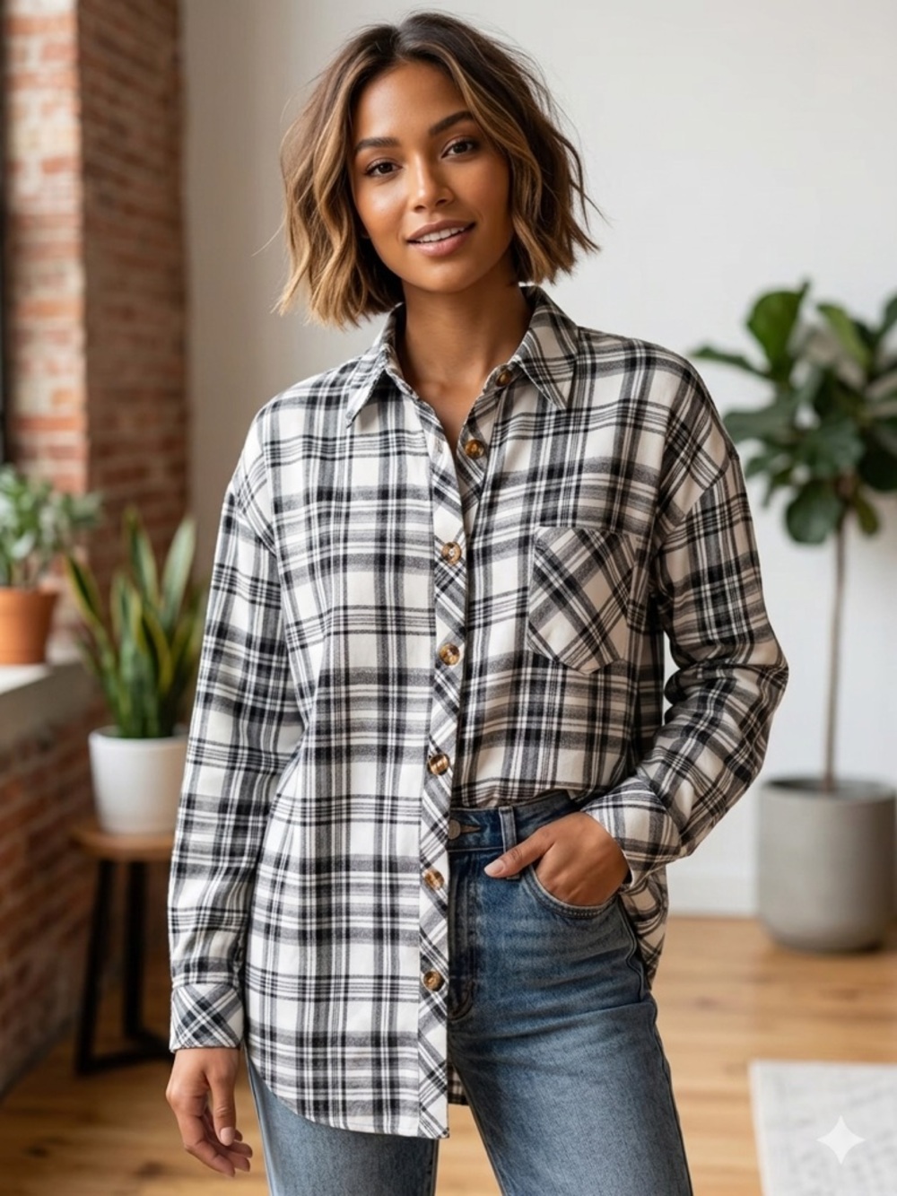 Black and White Plaid Button-Up Shirt NWOT